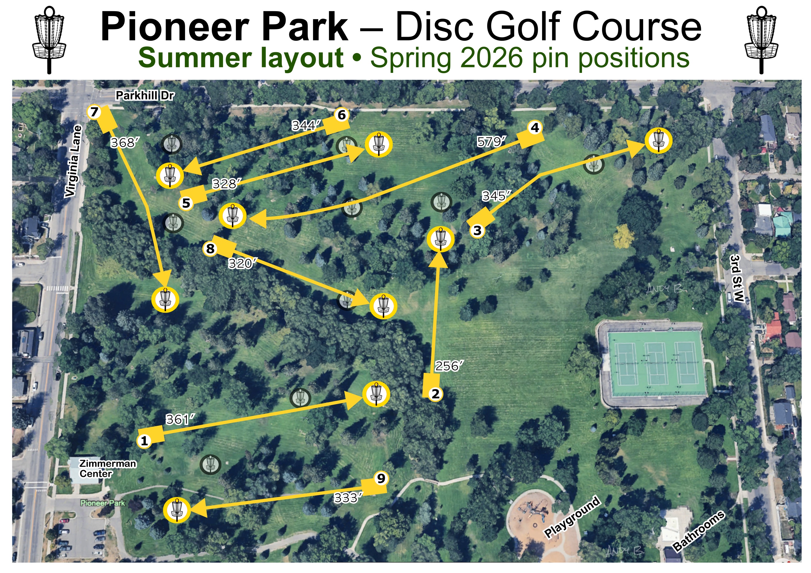 Pioneer park, summer layout spring 2026 pin positions 